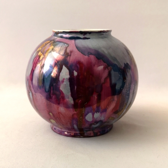 Gorgeous Squat Ceremic Bowl / Vase with Drip Glaze with Purple, Pink, Blue, Gold - Picture 1 of 5